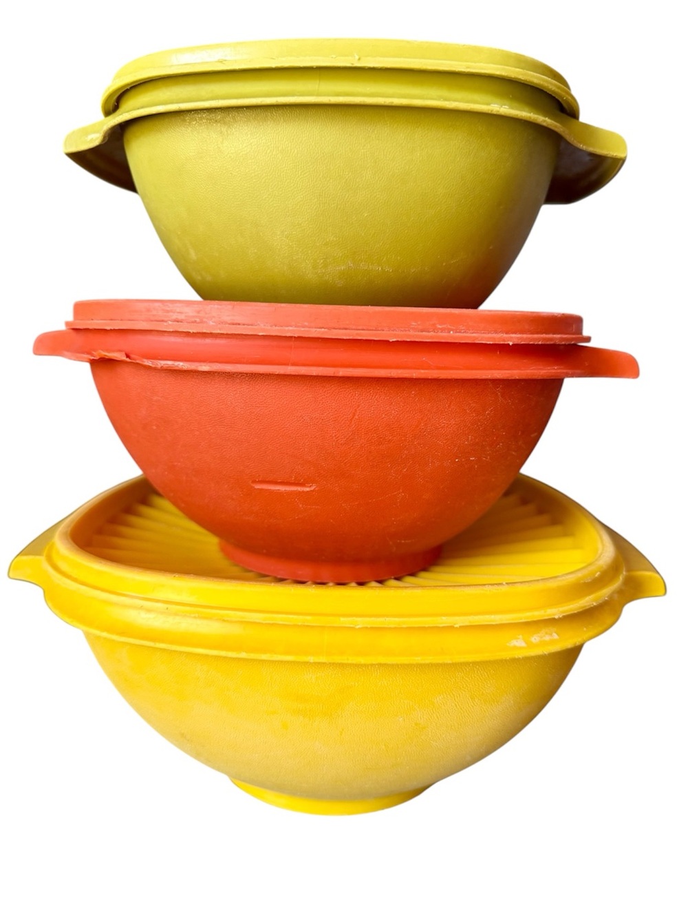 VINTAGE set of 3 Tupperware Servalier Bowls with lids Yellow Orange Green FLAWED